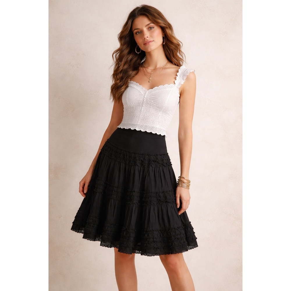 Bebe‎ Womens Black Tiered Ruffle Skirt M Corset Lace-Up Fairycore Whimsigoth